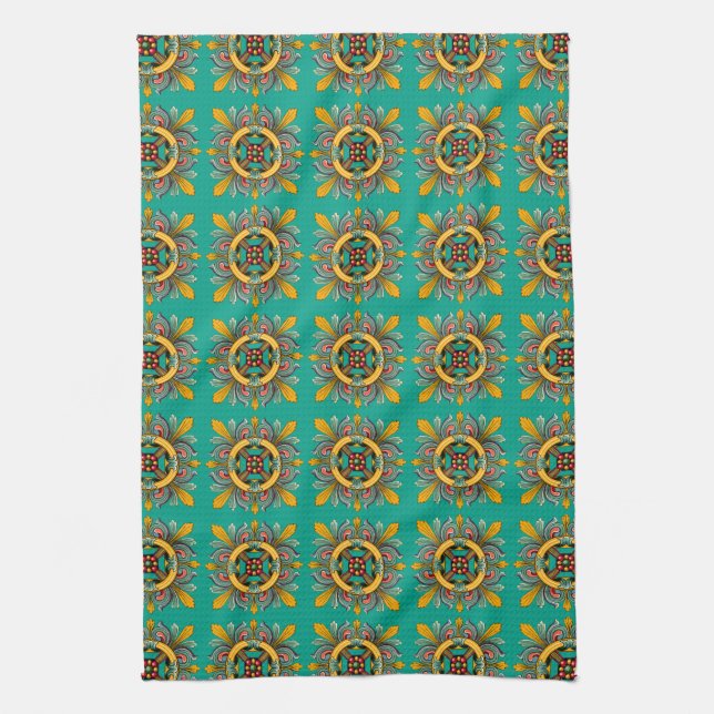 Aqua Victorian Tile Design Towel (Vertical)