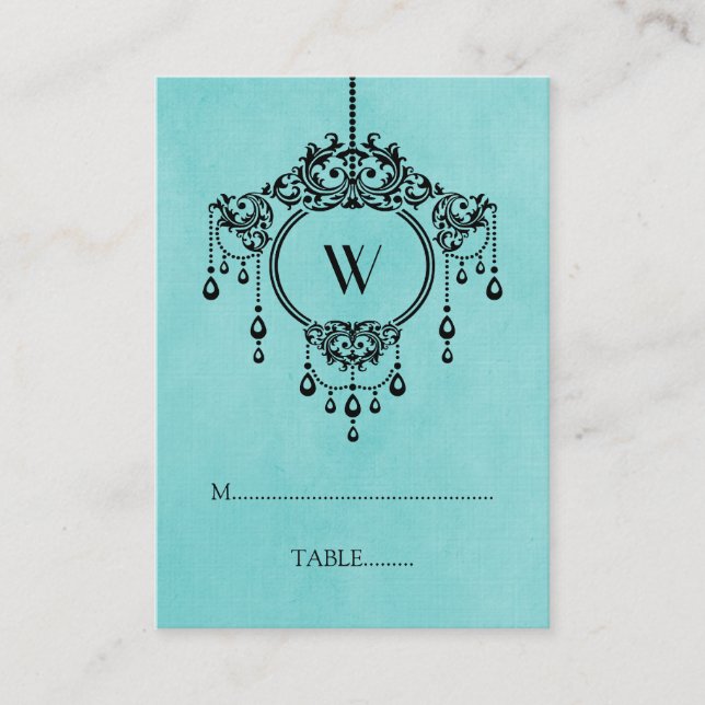 Aqua Vintage Chandelier Place Card (Front)