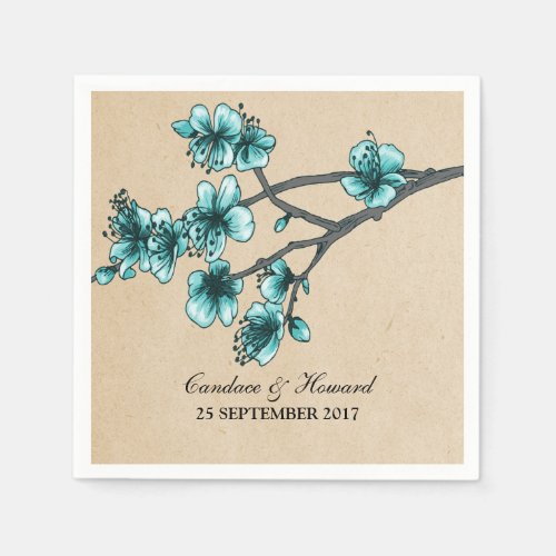 Aqua Vintage Cherry Blossoms Paper Napkins