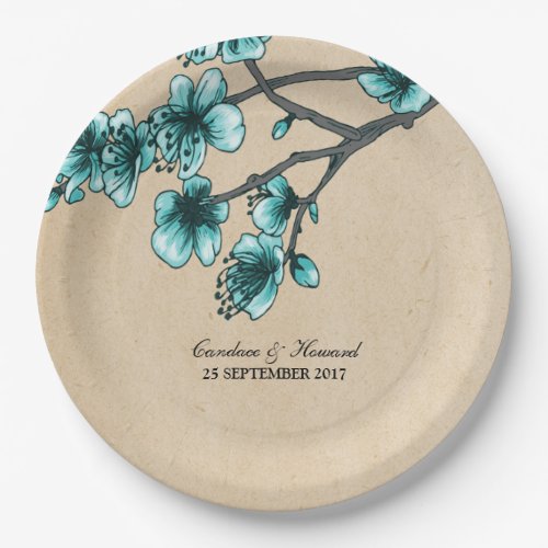 Aqua Vintage Cherry Blossoms Paper Plates