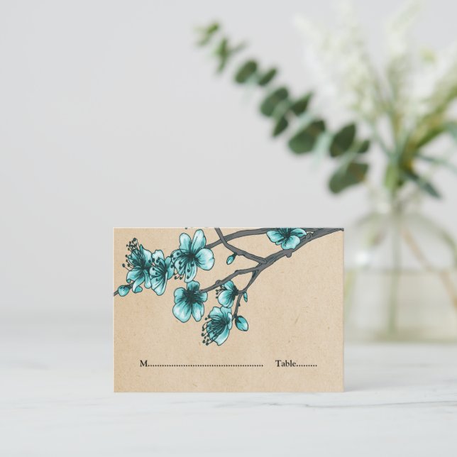 Aqua Vintage Cherry Blossoms Place Cards (Standing Front)