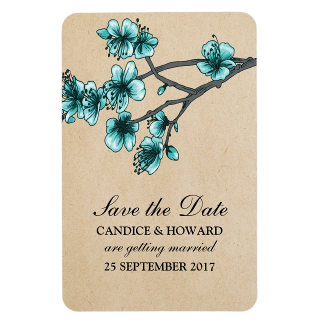 Aqua Vintage Cherry Blossoms Save the Date Magnet (Vertical)