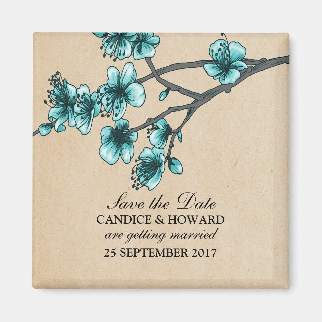 Aqua Vintage Cherry Blossoms Save the Date Magnet (Front)
