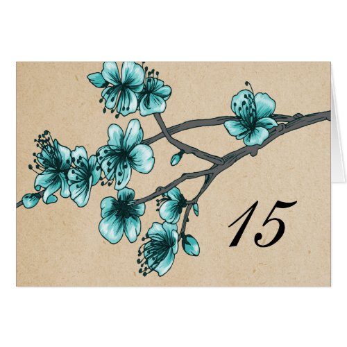 Aqua Vintage Cherry Blossoms Table Number Card