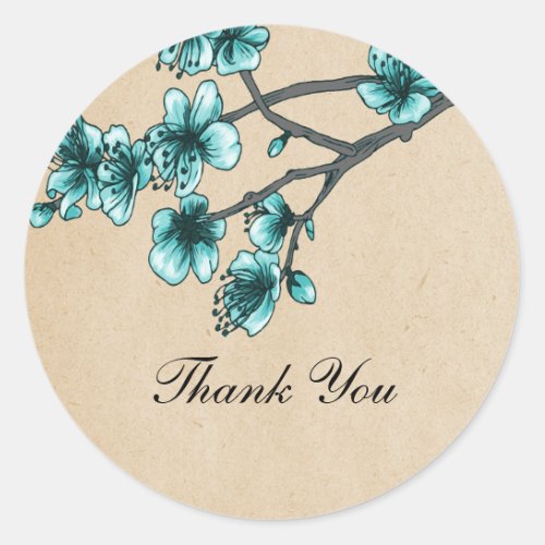 Aqua Vintage Cherry Blossoms Thank You Stickers