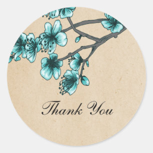 Aqua Vintage Cherry Blossoms Thank You Stickers