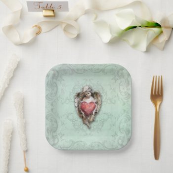 Aqua Vintage Cherub With Heart Paper Plates by DP_Holidays at Zazzle