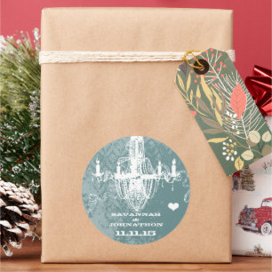 Aqua Vintage Damask Chandelier Classic Round Sticker