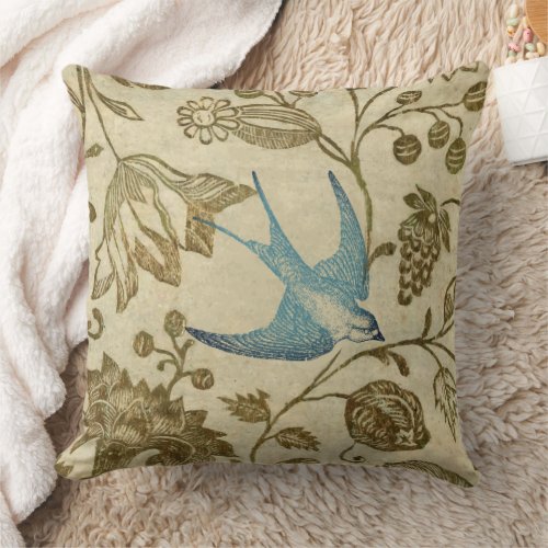 Aqua Vintage Earth Tones Floral Bird Pattern Throw Pillow