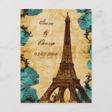 aqua vintage eiffel tower Paris save the date Announcement Postcard