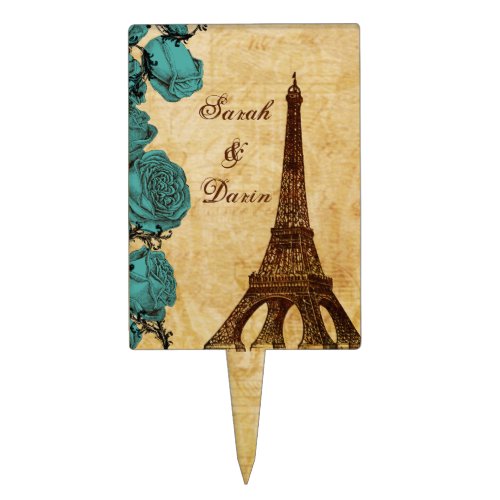 aqua vintage eiffel tower Paris wedding cake picks