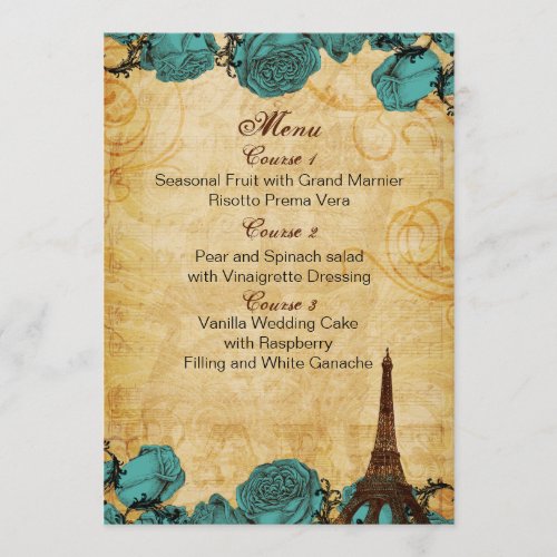 aqua vintage eiffel tower Paris wedding menu cards