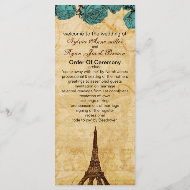 aqua vintage eiffel tower Paris wedding program (Front)