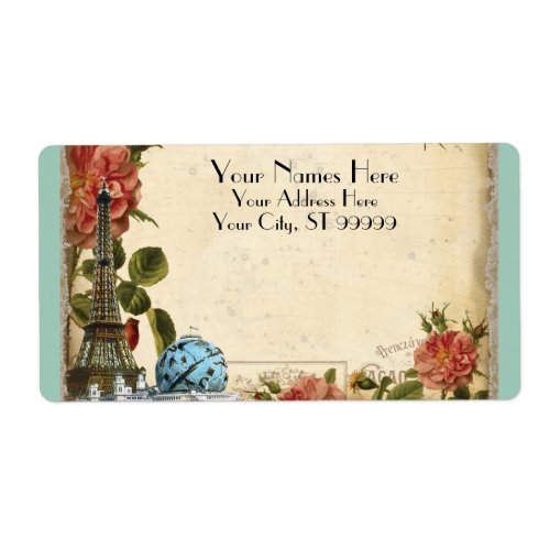 Aqua Vintage Eiffel Tower Rose Matching Shipping Label