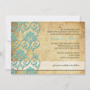 Aqua Vintage Floral Swirl Wedding Invitation