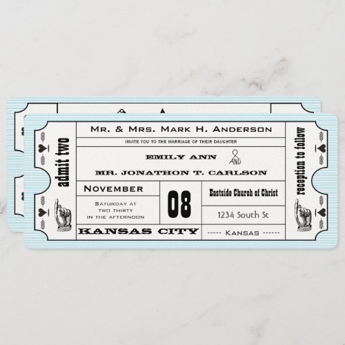 Aqua Vintage Modern Typography Ticket Wedding Invitation