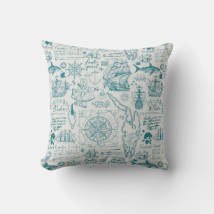 Aqua Vintage Sailboat Map Anchors Travel Theme  Outdoor Pillow