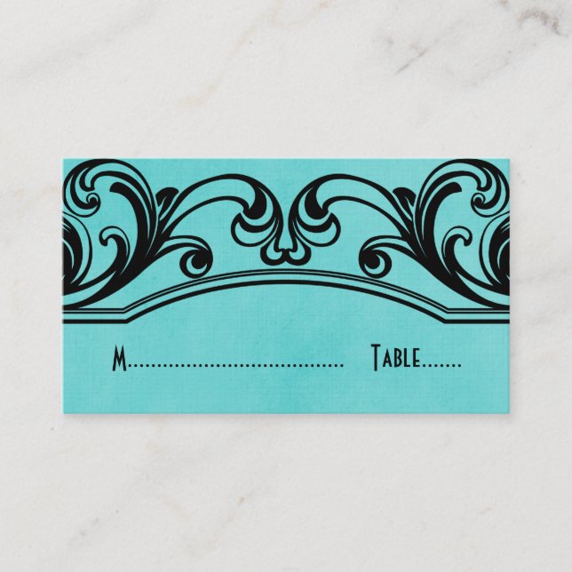 Aqua Vintage Swirls Place Card (Front)