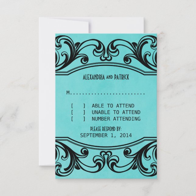 Aqua Vintage Swirls Response Card (Front)
