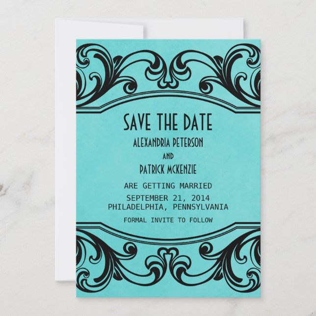 Aqua Vintage Swirls Save the Date Invite (Front)