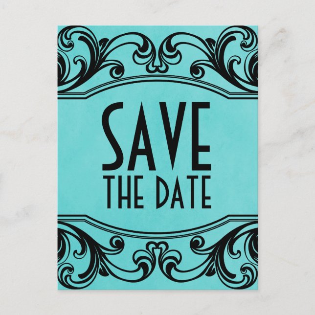 Aqua Vintage Swirls Save the Date Postcard (Front)