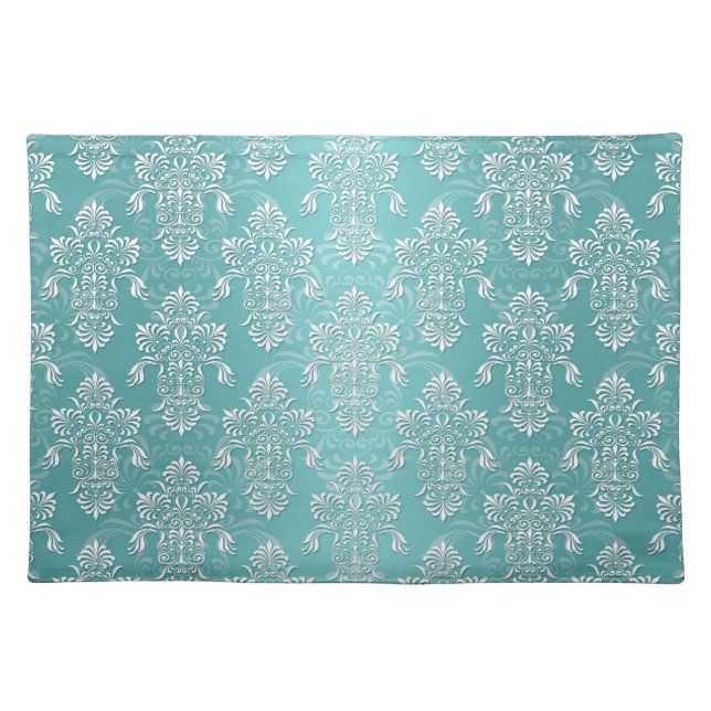 Aqua Vintage Teal Damask Pattern Cloth Placemat (Front)