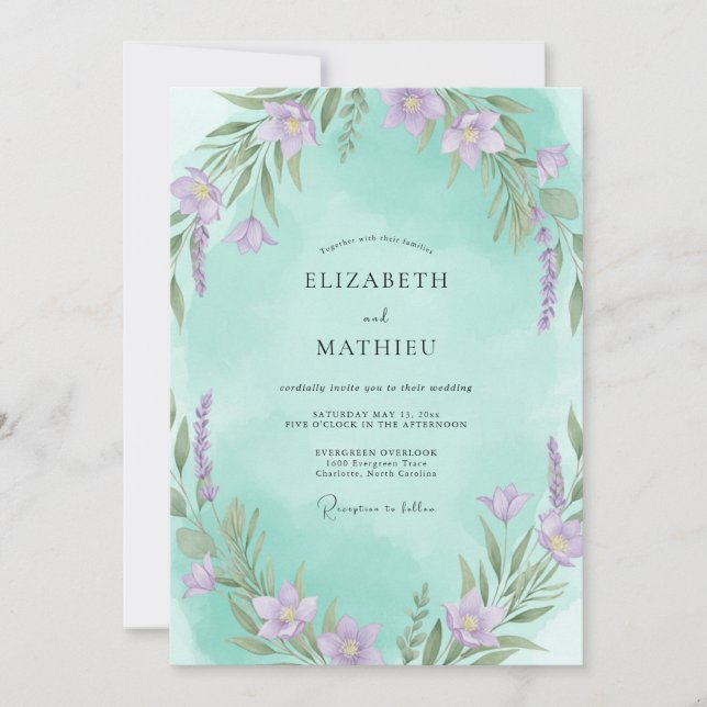 Aqua Violet Leafy Wedding Invitation (Front)