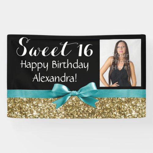 Aqua w Gold Glitter Photo Sweet 16 Birthday Party Banner