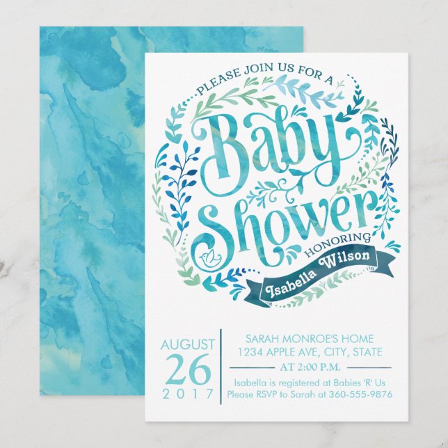 Aqua Watercolor Baby Shower Invitation (Front/Back)