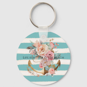 Aqua Watercolor Beach Stripes Gold Floral Anchor Keychain