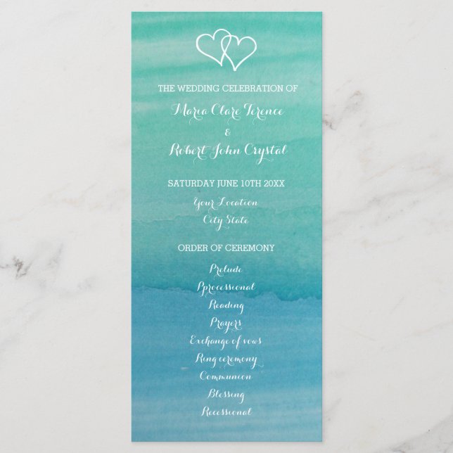Aqua watercolor beach wedding ceremony program (Front)