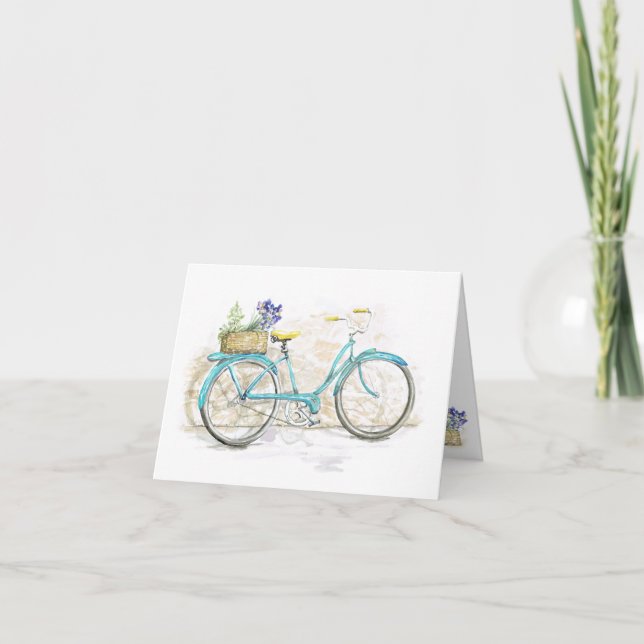 Aqua Watercolor Bicycle with Basket Card (Front)