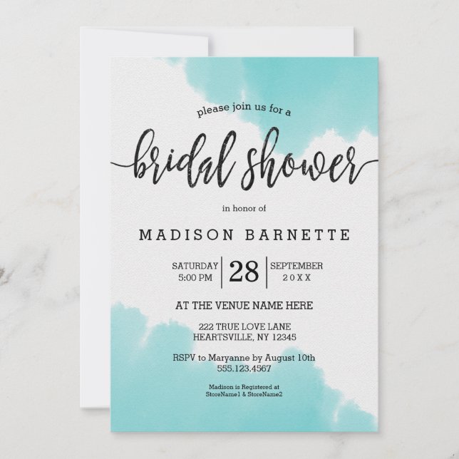 Aqua Watercolor Brush Bridal Shower Invitation (Front)