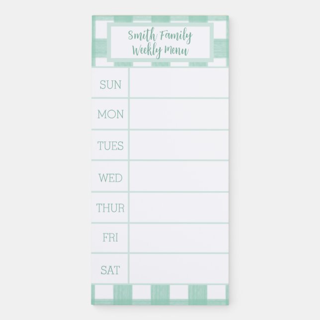 Aqua Watercolor Buffalo Plaid Weekly Menu Magnetic Notepad (Front)