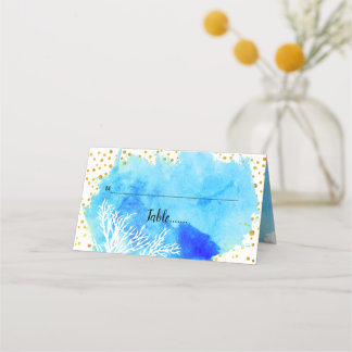 Aqua watercolor, coral reef & confetti escort card