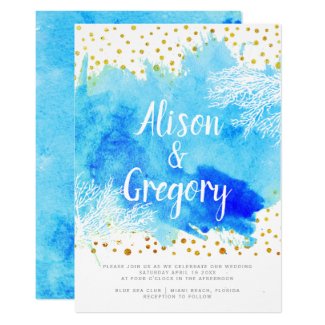 Aqua watercolor coral reef gold confetti wedding invitation