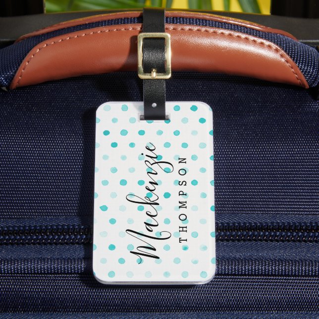 Aqua Watercolor Dots Monogram Luggage Tag (Front Insitu 2)
