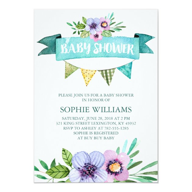 Aqua Watercolor Floral Baby Shower Invitation