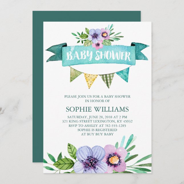 Aqua Watercolor Floral Baby Shower Invitation (Front/Back)