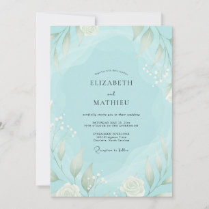 Aqua Watercolor Foliage Wedding Invitation