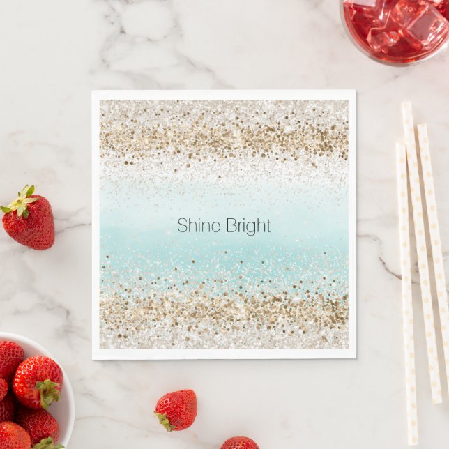 Aqua Watercolor Gold Confetti Glitter Napkins (Insitu)