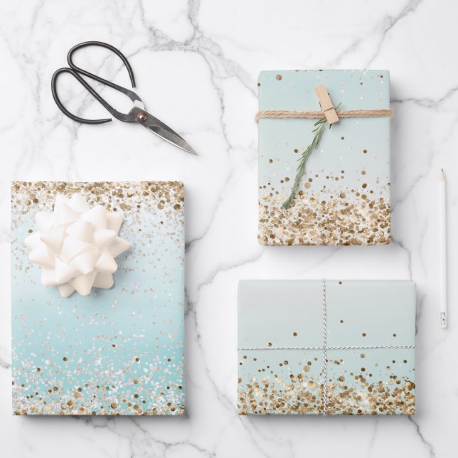 Aqua Watercolor Gold Confetti Glitter Wrapping Paper Sheets (Front)