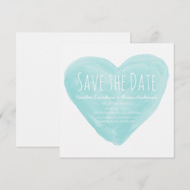 Aqua Watercolor Heart Save the Date Invite (Front/Back)