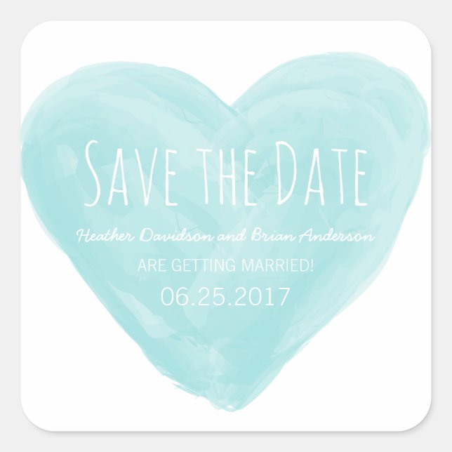 Aqua Watercolor Heart Save the Date Stickers (Front)