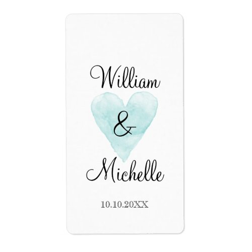 Aqua watercolor heart wedding wine bottle labels