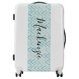 Aqua Watercolor Herringbone Monogram Luggage