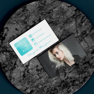 Aqua Watercolor Logo & Photo Social Media Business Card