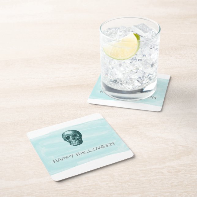 Aqua Watercolor Skull Halloween Paper Coasters (Insitu)