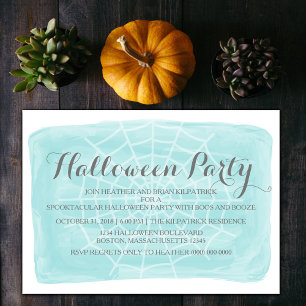 Aqua Watercolor Spider Web Halloween Party Invite
