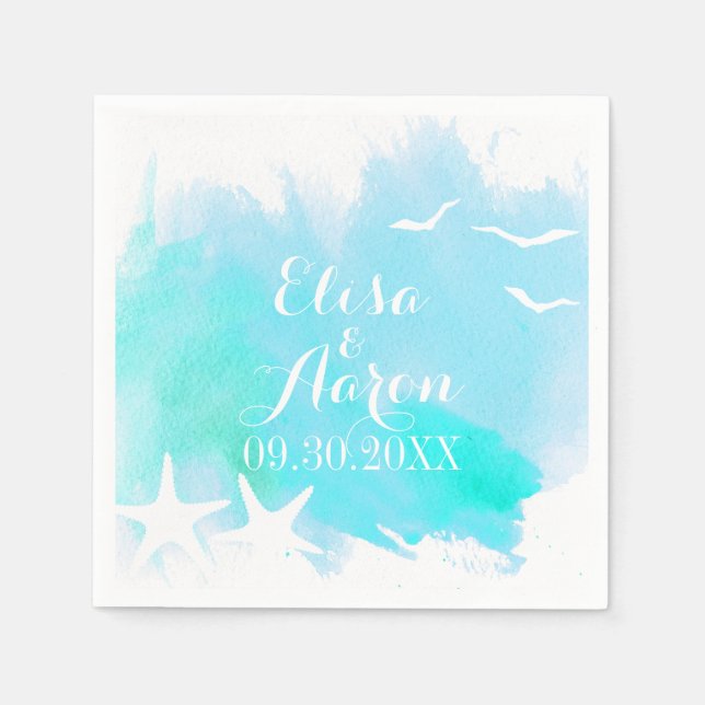 Aqua watercolor, starfish beach wedding napkins (Front)